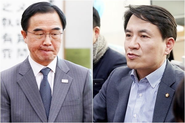 조명균 통일부 장관(좌측) 김진태 한국당 의원(우측) (사진=뉴시스)