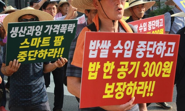 지난달 11일 전국농민회총연맹 등 농민단체 회원들이 서울 여의도에서 쌀 목표가격 인상을 촉구하고 있다. (사진=전국농민회총연맹 제공)
