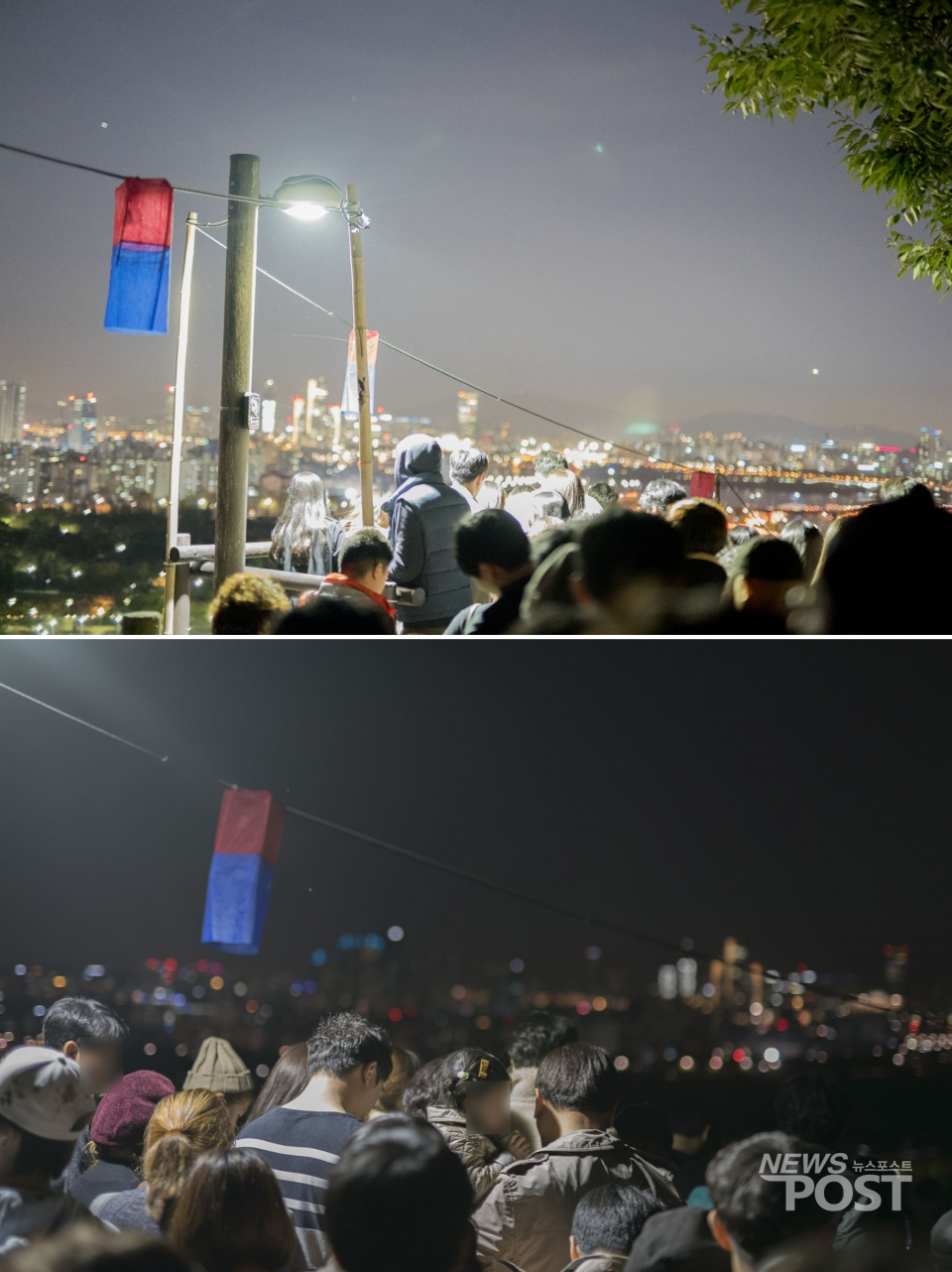 20일 서울 마포구 월드컵공원 내 하늘공원을 내려가기 위해 몰린 인파들. 한 시간 가량 걸어 계단 입구에 도착하자 보이는 가로등. 나무 난간이 전부인 계단에도 많은 인파가 몰려있다. (사진=안신혜 기자)