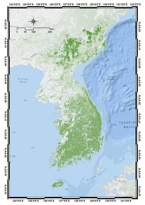2015년 남북한의 숲 위성자료. (사진=한국임업진흥원 제공)