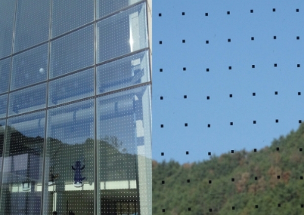 '5x10 규칙'이 적용된 조류 충돌 방지 테이프가 건물 외벽에 부착돼 있다. (사진=환경부 제공)
