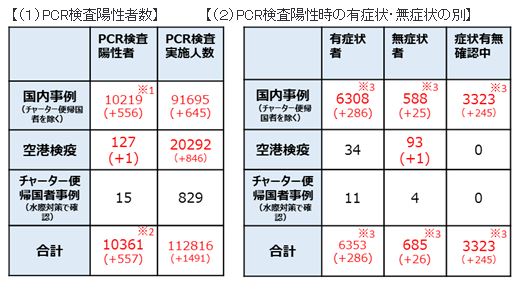일본 후생노동성이 발표한 코로나19 확진, 검사자 수(좌측 표). 일본 코로나 사례는 국내사례, 공항검역, 전세기 세 종류로 나눠 발표하고 있다. 표는 4월19일 12시 기준, 괄호는 전날 대비 증가자수. (사진=후생노동성)