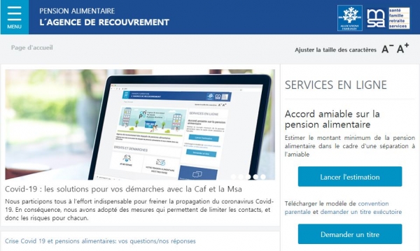프랑스 양육비이행관리원 Aripa(Agence de recouvrement des impayés de pensions alimentaires) 홈페이지. (사진=https://www.pension-alimentaire.caf.fr/)