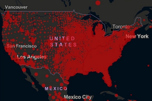 2일(한국 시간) 미국의 코로나 19 확산 상황을 보여주는 지도. (사진=존스홉킨스 대학 코로나 맵)