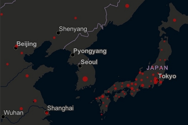 2일(한국 시간) 한국과 일본의 코로나 19 감염 상황을 보여주는 지도. 한눈에 봐도 미국보다 안정적임을 알 수 있다. (사진=존스홉킨스 대학 코로나 맵)