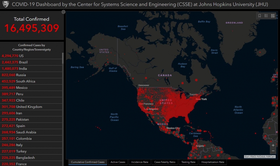 존스홉킨스 CSSE 연구소의 ‘전세계 실시간 감염 지도’ 캡쳐. (사진=COVID-19 Dashboard by the Center for Systems Science and Engineering (CSSE) at Johns Hopkins University (JHU))