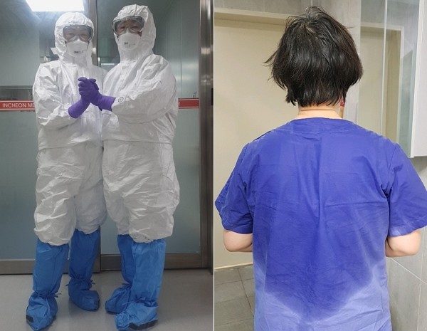 (좌) 이삼순 인천의료원 간호조무사의 동료가 방호복 등을 입고 음압 병동 앞에 서 있다. (우) 이 간호조무사가 방호복을 벗은 후 땀에 흠뻑 젖었다. 그에 따르면 방호복을 입는 순간 땀이 난다. (사진=이삼순 인천의료원 간호조무사 제공)