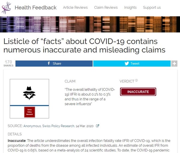 과학자 단체 헬스 피드백(healthfeedback.org)에서 SPR 사이트에 대해 '부정확함' 판정을 내렸다. (사진=healthfeedback.org)