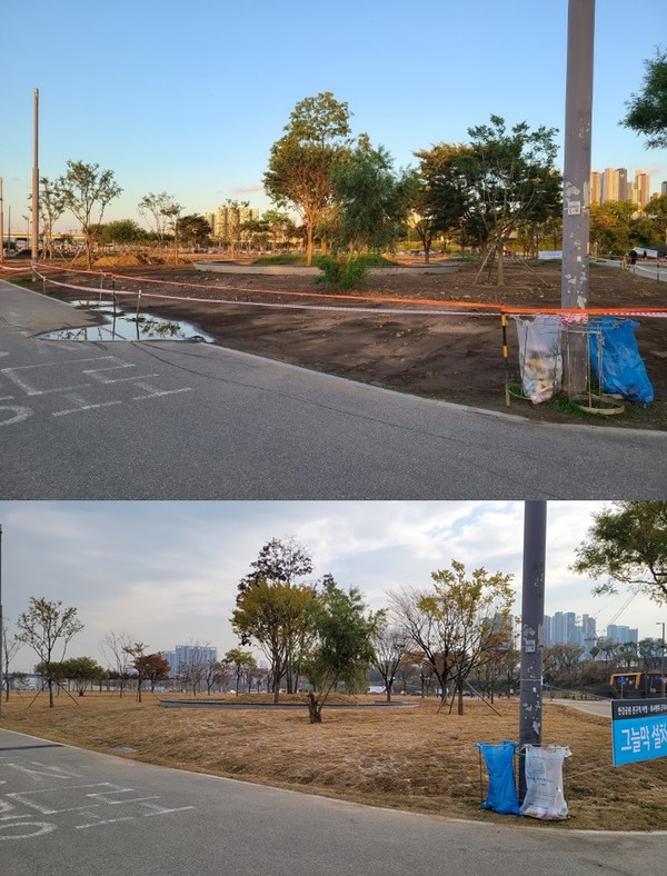 인터넷 커뮤니티에 돌던 사진(위)과 17일 반포 한강공원 사진. 잔디밭이 모두 복구됐다. (사진=김혜선 기자)