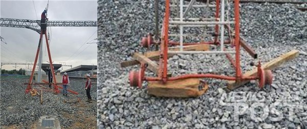 4.6M 높이의 삼각 'A형 사다리'. (왼쪽) 'A형 사다리' 발판. (오른쪽)  전차선 노조는 철도공단이 A형 사다리 사용을 금지시키고, 대체 장비를 지급해야 한다고 지적했다. (사진=전차선 노조 제공)