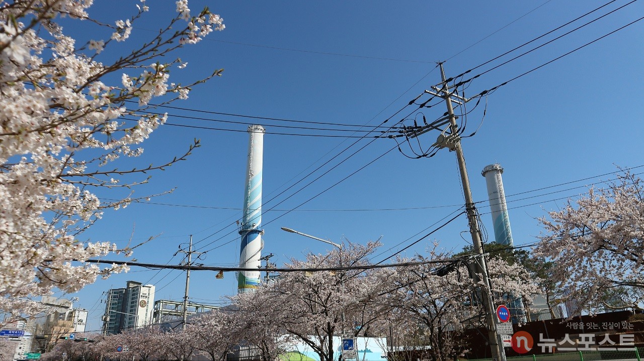 당인리선의 종착역인 당인리역이 있던 곳에서 바라본 서울화력발전소의 굴뚝들. (사진: 뉴스포스트 강대호 기자)