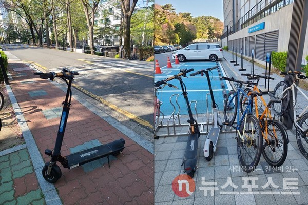 오성국 씨가 출퇴근 시 사용하는 전동킥보드. 근무하는 시간 동안 회사 앞 자전거렉에 보관한다. (사진=오성국 씨 제공)