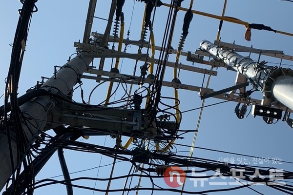 마구잡이로 엉킨 공중 케이블선. (사진=뉴스포스트 이별님 기자)
