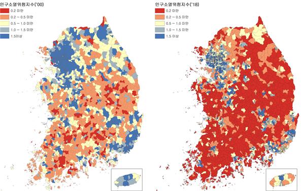 전국 읍·면·동의 인구소멸위험지수. 인구소멸위험지수 0.2 미만은 소멸위험이 매우 높은 지역, 1.5 이상은 소멸위험이 매우 낮은 지역으로 정의된다. (20)00년 대비 (20)18년 전국 읍·면·동의 인구소멸위험지수를 보면 수도권에 비해 대부분 지방의 인구소멸위험지수가 0.2 미만으로 변경됐다. (사진=경기연구원)