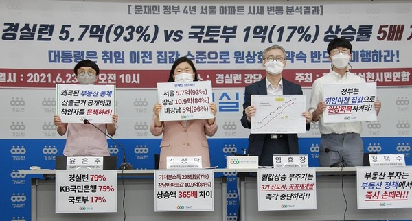 김성달 경실련 부동산건설개혁본부 국장(왼쪽 두번째)을 비롯한  회원들이 23일 기자회견을 열고 문재인 정부의 서울아파트값 상승률 조사 분석결과를 발표하고 있다. (사진=경실련 제공)