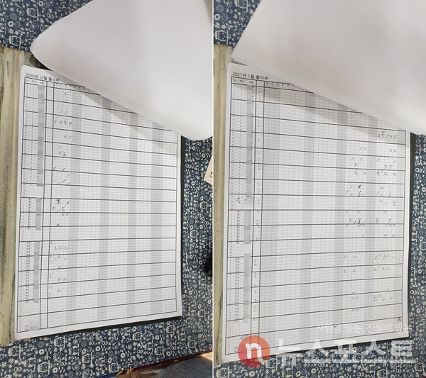 A검도관의 2020년 12월과 2021년 1월 출석부. (사진=뉴스포스트 홍여정 기자)