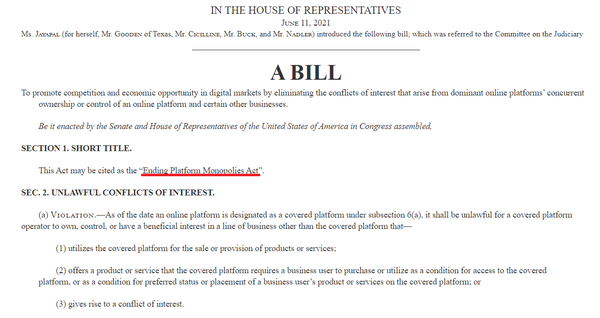 5개 법안 중 핵심은 '플랫폼 독점 종시법(Ending Platform Monopolies Act)'이다. (자료=미국의회입법시스템)