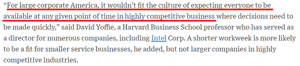 데이비드 요피 교수는 주4일제가 대기업 문화에 적합하지 않다고 말했다. (WSJ 갈무리)