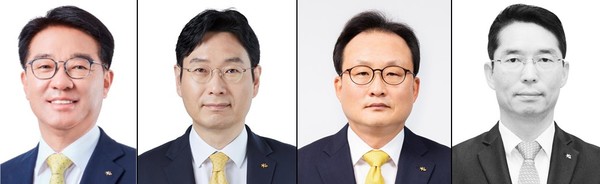 (왼쪽부터) 이동철 신임 KB금융지주 부회장, 이창권 신임 KB국민카드 대표이사 후보, 이환주 신임 KB생명보험 대표이사 후보, 허상철 신임 KB저축은행 대표이사 후보. (사진=KB금융지주)