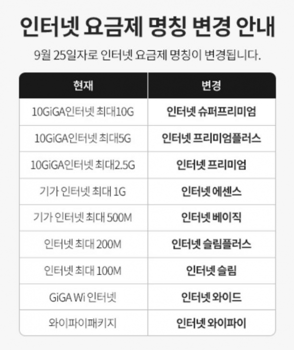 KT는 지난 25일 전 인터넷 상품에서 10G, 5G 등 속도를 알 수 있는 명칭을 빼는 방향으로 상품명을 교체했다. 사진=KT샵 공식 홈페이지