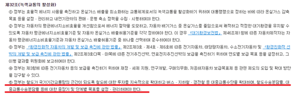 철도 투자와 철도 중심의 국가기간교통망 중장기 계획에서 정부의 역할을 명시한 녹생성장 기본법. (자료=국가법령정보센터 갈무리)