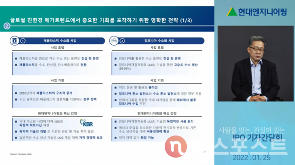 김 대표는 상장 이후 친환경 프로젝트를 추진하겠다고 밝혔다. (사진=현대엔지니어링 온라인 기자간담회 갈무리)