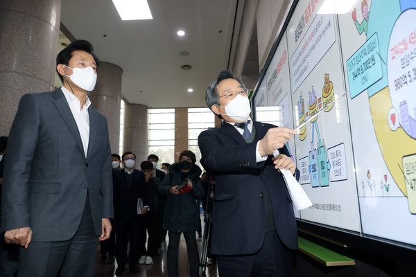 김헌동 SH 사장(오른쪽)이 지난 17일 SH 본사에 방문한 오세훈 서울시장에게 업무보고를 하고 있다. (사진=SH 제공)