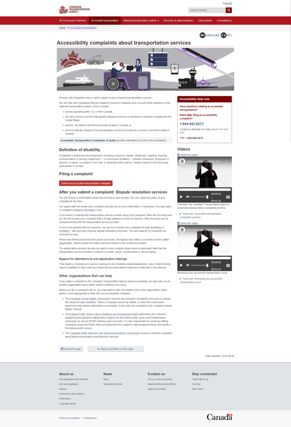 캐나다 교통국의 장애인 교통 불만 접수 페이지. 원활한 불만 접수를 위한 수화 통역 서비스도 함께 게시되어 있다. (사진=캐나다 교통국 홈페이지 캡쳐)