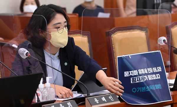 지난 7월 서울 여의도 국회에서 열린 민생경제안정특별위원회에서 기본소득당 용혜인 위원이 피켓을 붙이고 있다. (사진=뉴시스)