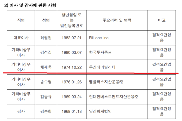 두산건설과 두산에너빌리티 재무관리를 담당한 채재욱 이사가 분당두산타워투자회사 기타비상무이사로 이름을 올리고 있다. (자료=분당두산타워투자회사 투자보고서 갈무리)