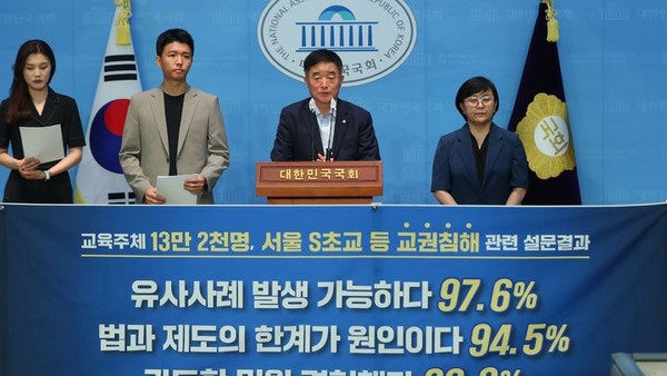 지난달 28일 강득구 더불어민주당 의원이 서울 여의도 국회에서 교권침해 관련 설문결과 발표 기자회견을 하고 있다. (사진=뉴시스)