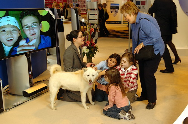 지난 2005년 세계적인 애견대회 '크러프츠 도그쇼'에 마련된 삼성 부스에서 관람객들이 진돗개를 살펴보고 있다. (사진=삼성)