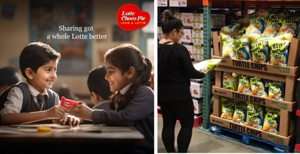 (왼쪽부터)롯데웰푸드 인도 초코파이 광고 이미지, 미국 대형마트에 진열된 오리온 꼬북칩 (사진=각 사 제공)