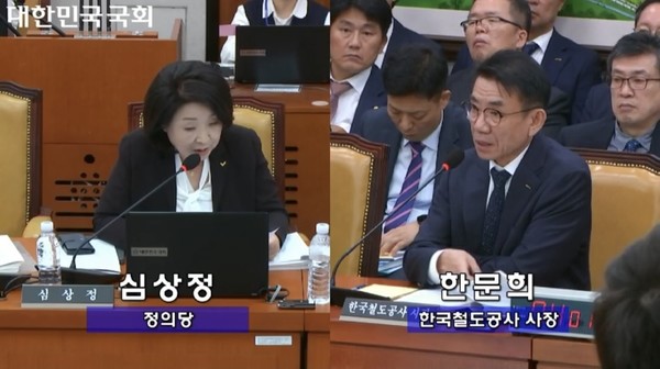 코레일과 SR 통합에 대해 질의하는 심상정 정의당 의원과 답변하는 한문희 코레일 사장. (사진=국회의사중계시스템 갈무리)