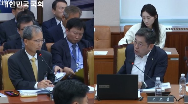 전관예우 의혹을 제기한 조오섭 더불어민주당 의원과 해명하는 김한영 국가철도공단 이사장. (사진=국회의사중계시스템 갈무리)