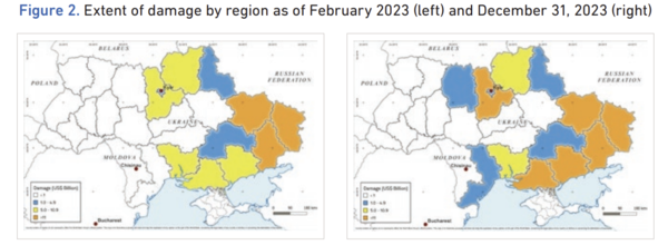 세계은행(World Bank)이 발표한 RDNA3. 1년 전(왼쪽)에 비해 우크라이나 전쟁의 지역이 넓어지고 피해가 증가했다. (자료=세계은행 RDNA3 자료 갈무리)