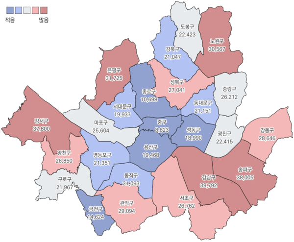 서울시 자치구 별 등록 반려견 수. (그래픽=서울디지털재단 제공)