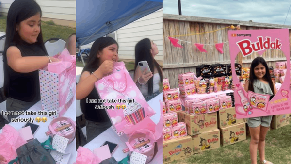 생일선물로 ‘까르보불닭볶음면’을 받고 울음을 터뜨리는 소녀 영상 캡쳐, 삼양식품에게 역조공이벤트를 받은 소피아 (동일인물) (사진=틱톡캡쳐, 삼양식품)