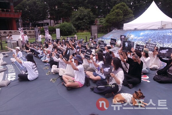 15일 서울 종로구 보신각 앞에서 동물해방물결과 동물을 위한 마지막 희망(LCA) 등 동물권 단체는 초복을 맞아 '2024 복날추모행동'을 열고 닭 도살 반대 내용이 담긴 피켓을 들었다. (사진=뉴스포스트 이별님 기자)