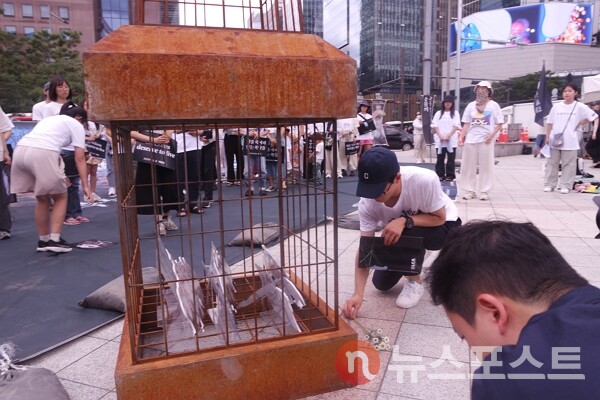 15일 서울 종로구 보신각 앞에서 동물해방물결과 동물을 위한 마지막 희망(LCA) 등 동물권 단체가 초복을 맞아 진행한 '2024 복날추모행동'에서 참석자가 복날을 위해 희생된 닭들에게 추모 헌화를 했다. (사진=뉴스포스트 이별님 기자)