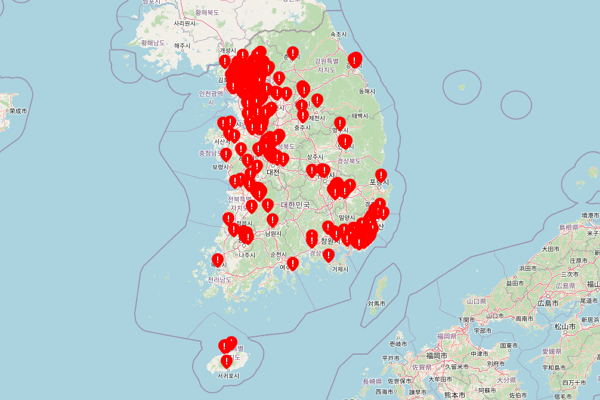  '딥페이크맵'에 표기된 딥페이크 성범죄 발생 학교 위치. (그래픽=딥페이크맵 캡처)