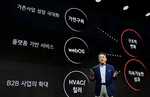 조주완 LG전자 CEO가 21일 서울 마곡 LG사이언스파크에서 열린 LG전자 인베스터 포럼에서 사업 포트폴리오 혁신 전략에 대해서 설명하고 있다. (사진=LG전자)