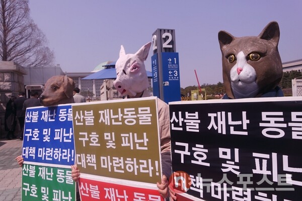 8일 서울 여의도 국회의사당 정문 앞에서 열린 기자회견에서 한국동물보호연합, 비건플래닛, 비건세상을위한시민모임 회원들이 동물 가면을 쓰고 재난 발생 시 동물 구호를 촉구하고 있다. (사진=뉴스포스트 이별님 기자)