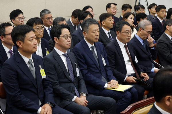 (왼쪽부터) 홍범식 LGU+ 대표, 조좌진 롯데카드 대표, 김광일 MBK 대표이사, 유영상 SKT 대표, 김영섭 KT 대표 21일 서울 여의도 국회에서 열린 과학기술정보방송통신위원회의 정보통신산업진흥원 등 국정감사에 출석하고 있다. (사진=뉴시스)